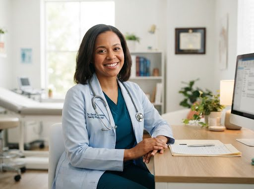 Dr. Sarah Lindqvist at her desk in a Medice consulting room